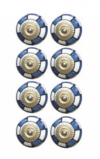 Set of Eight Blue White And Gold Geometric Ceramic Drawer Pull Knobs