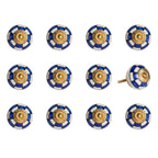 Set of Twelve Blue White And Gold Geometric Ceramic Drawer Pull Knobs