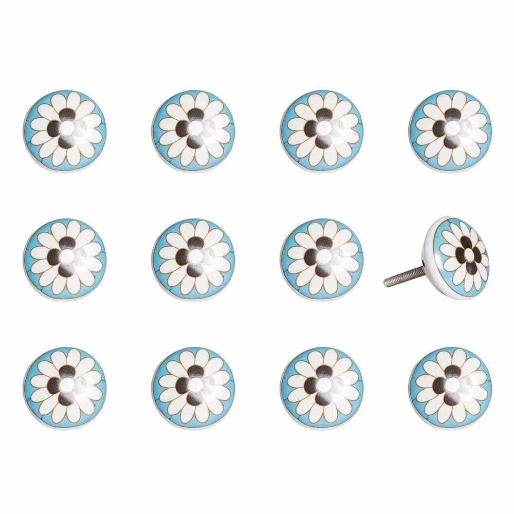 Set of Twelve Sky Blue And White Floral Ceramic Drawer Pull Knobs