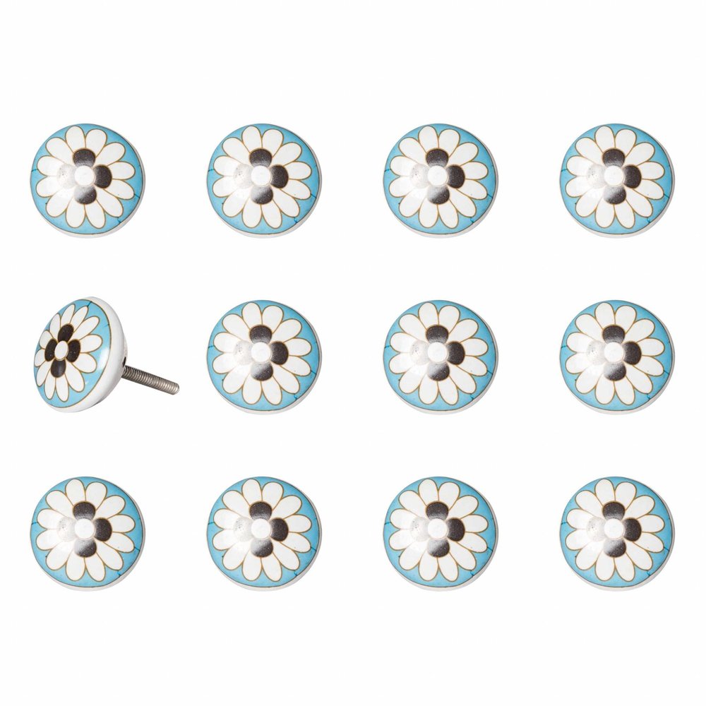 Set of Twelve Sky Blue And White Floral Ceramic Drawer Pull Knobs