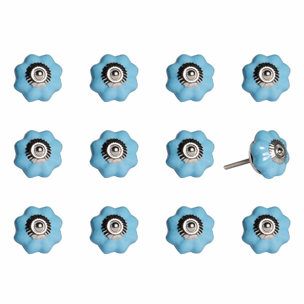 Set of Twelve Blue And Silver Ceramic Drawer Pull Knobs