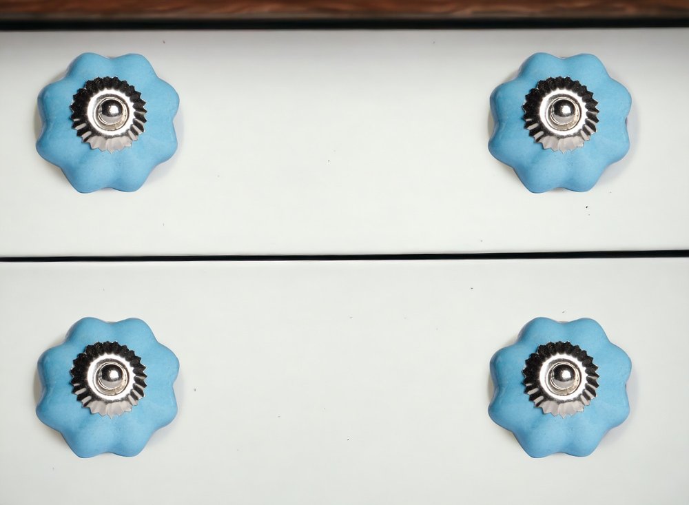 Set of Twelve Blue And Silver Ceramic Drawer Pull Knobs