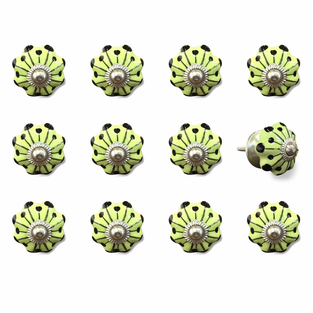 Set of Twelve Yellow Green And Silver Floral Ceramic Drawer Pull Knobs