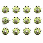 Set of Twelve Yellow Green And Silver Floral Ceramic Drawer Pull Knobs