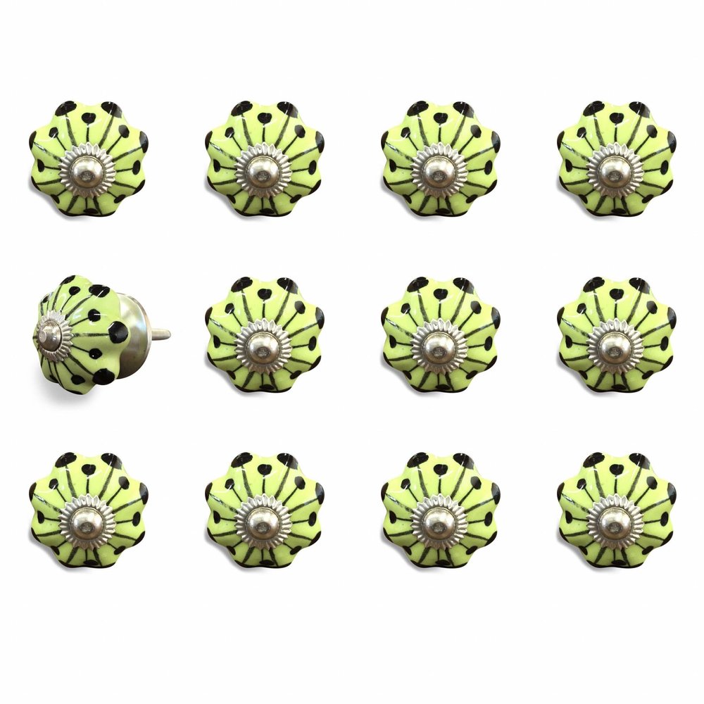 Set of Twelve Yellow Green And Silver Floral Ceramic Drawer Pull Knobs