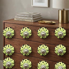 Set of Twelve Yellow Green And Silver Floral Ceramic Drawer Pull Knobs