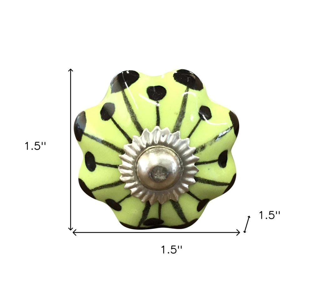 Set of Twelve Yellow Green And Silver Floral Ceramic Drawer Pull Knobs