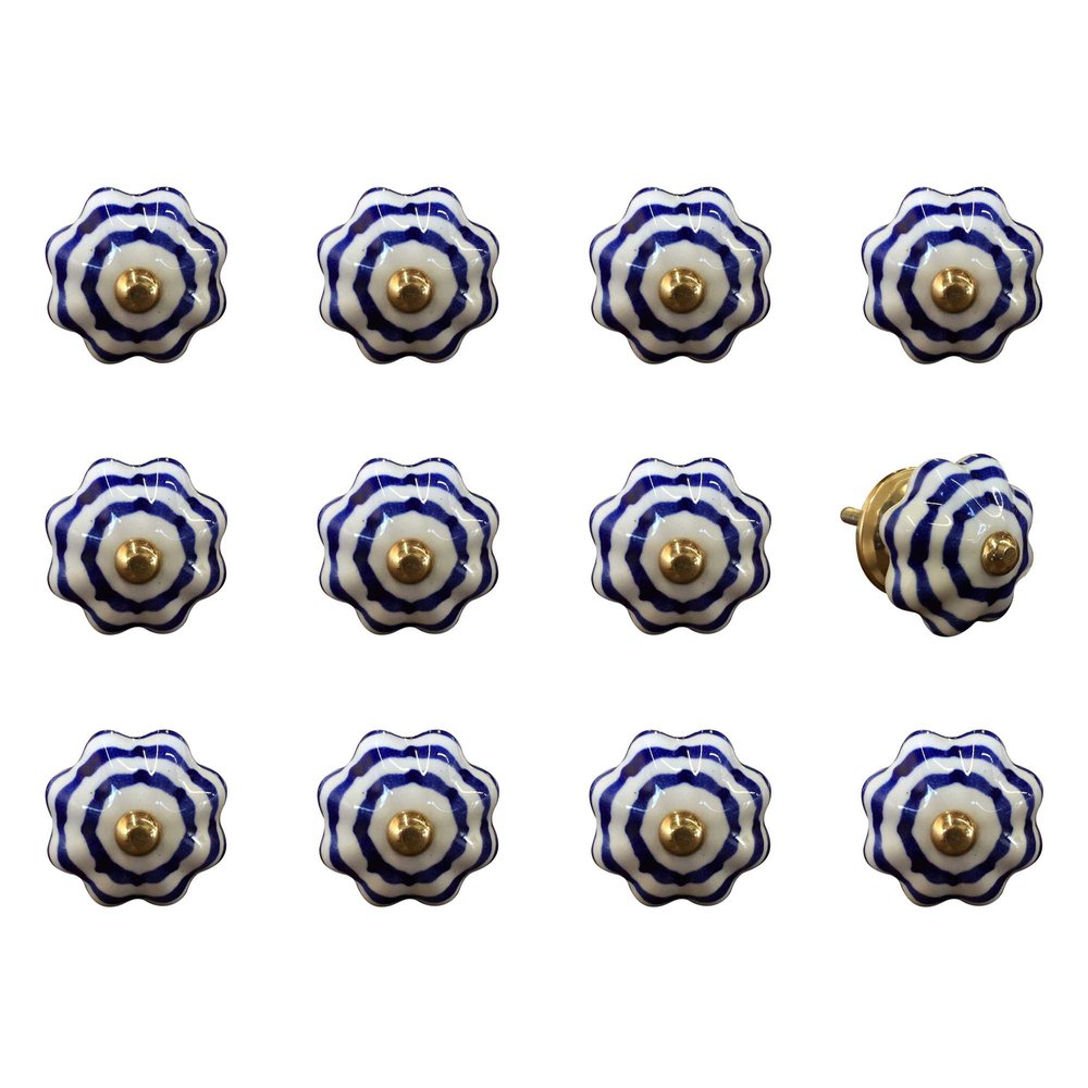 Set of Twelve Blue White And Copper Floral Ceramic Drawer Pull Knobs