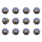 Set of Twelve Blue White And Copper Floral Ceramic Drawer Pull Knobs
