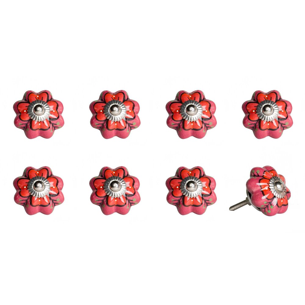 Set of Eight Red Pink And Green Floral Ceramic Drawer Pull Knobs