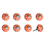 Set of Eight Orange White And Silver Floral Ceramic Drawer Pull Knobs