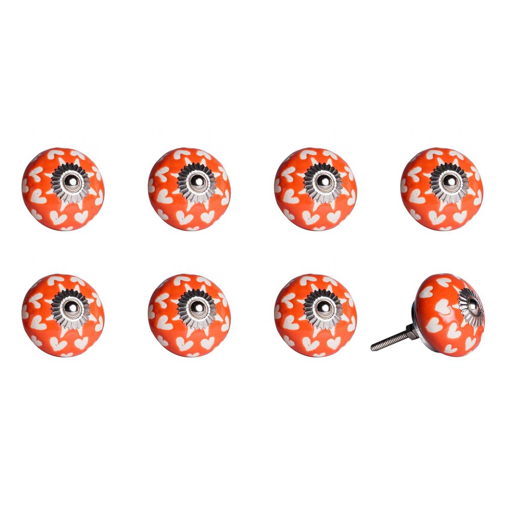 Set of Eight Orange White And Silver Floral Ceramic Drawer Pull Knobs
