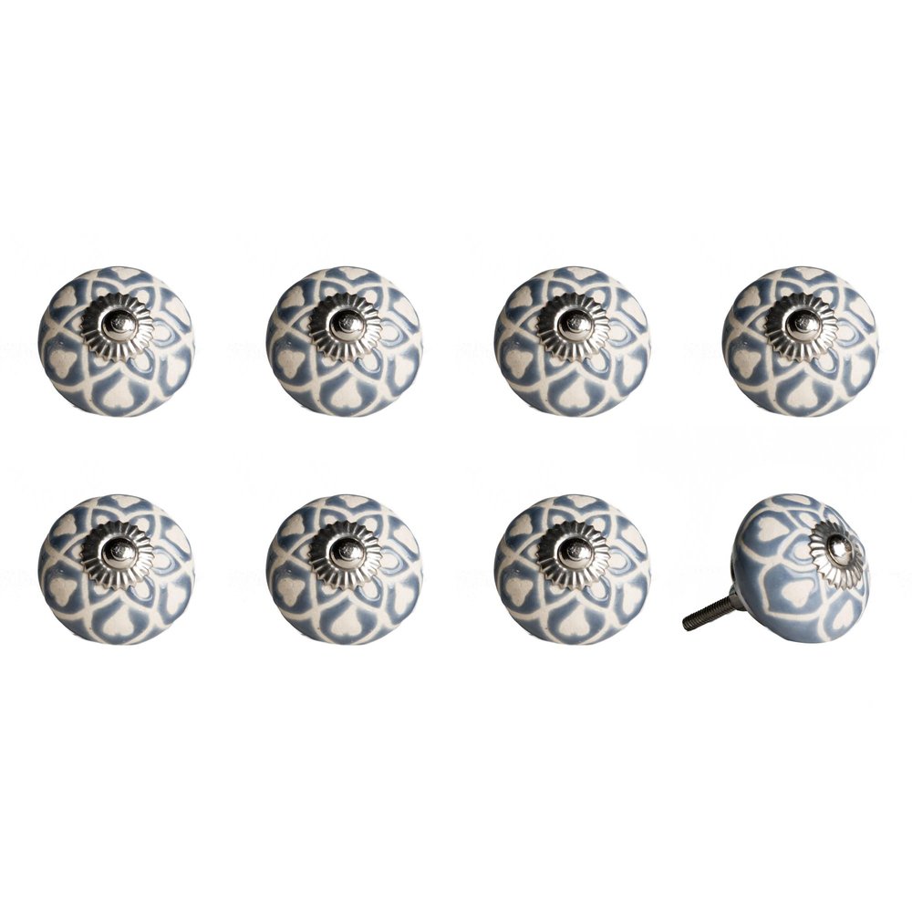 Set of Eight Orange White And Silver Floral Ceramic Drawer Pull Knobs