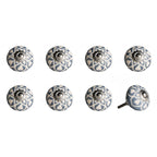 Set of Eight Orange White And Silver Floral Ceramic Drawer Pull Knobs