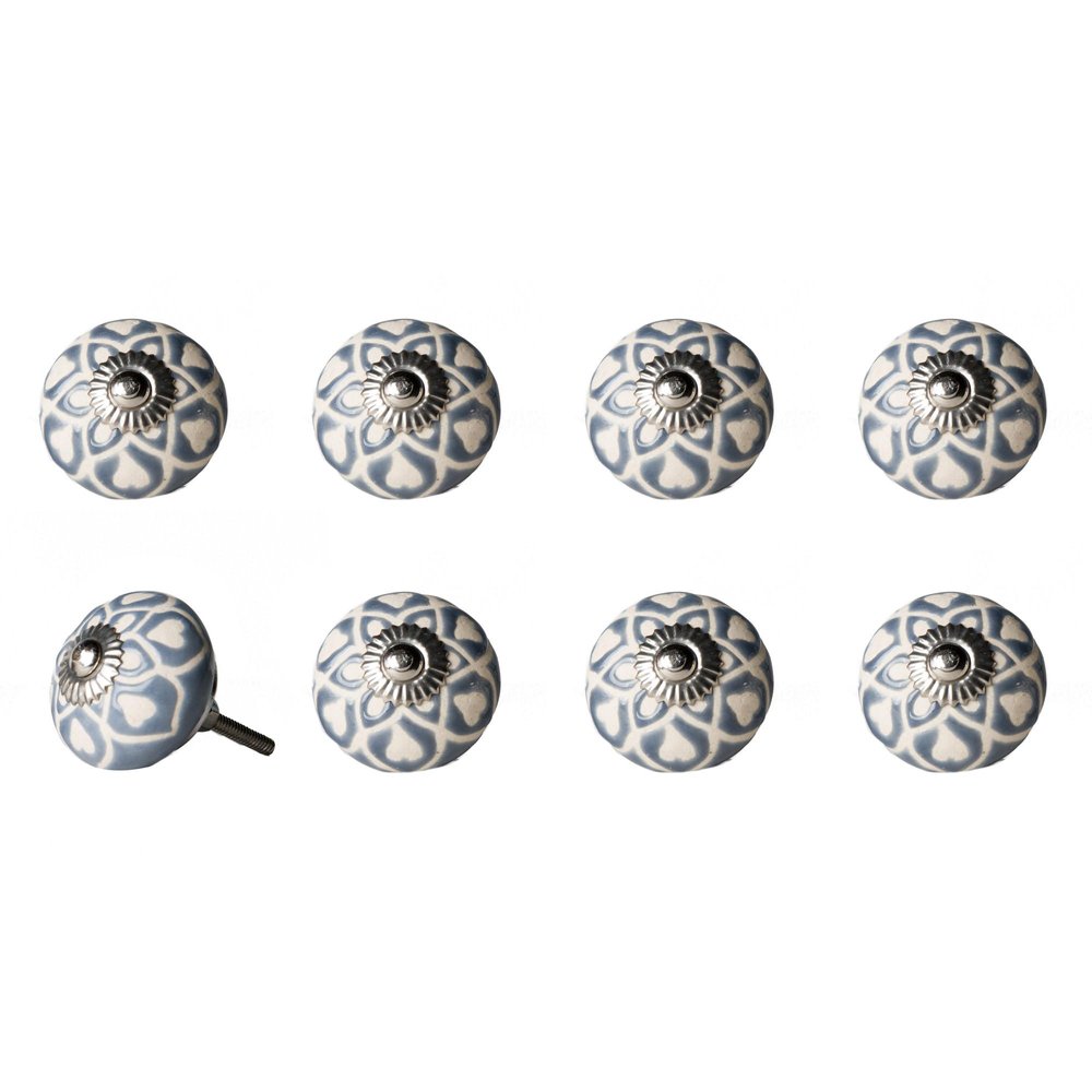 Set of Eight Orange White And Silver Floral Ceramic Drawer Pull Knobs