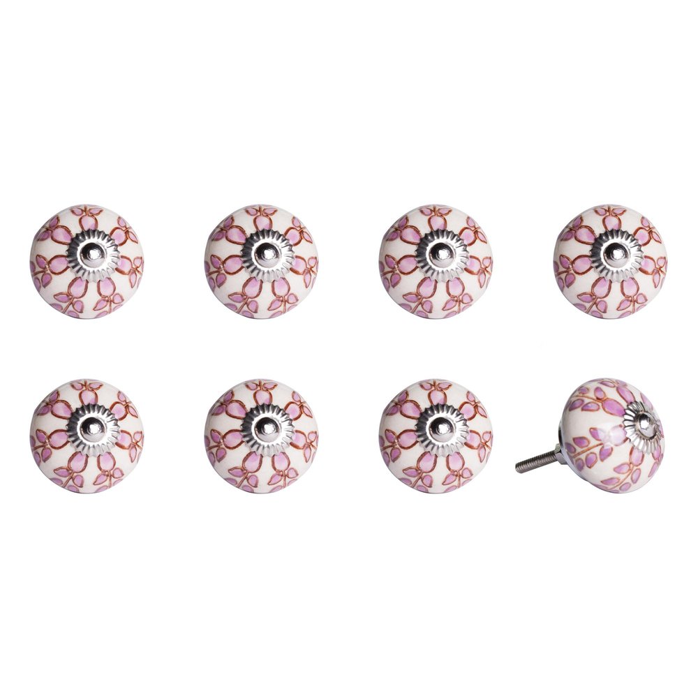 Set of Eight Red Pink And Green Floral Ceramic Drawer Pull Knobs