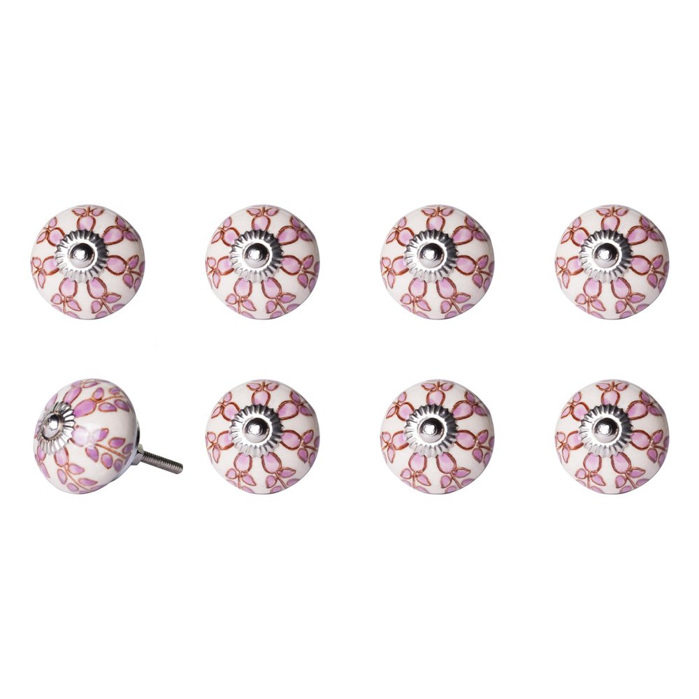 Set of Eight Red Pink And Green Floral Ceramic Drawer Pull Knobs