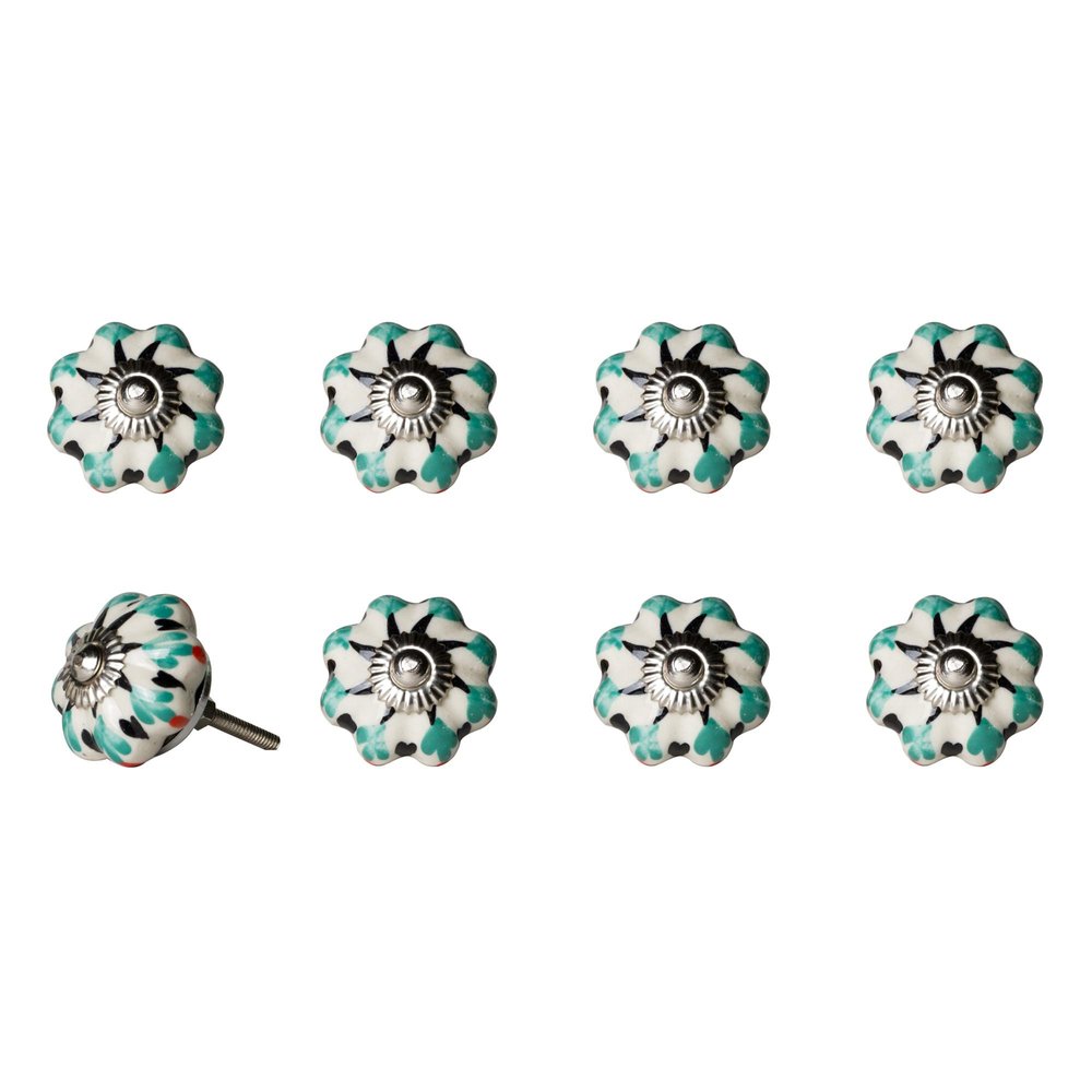 Set of Eight Red Pink And Green Floral Ceramic Drawer Pull Knobs