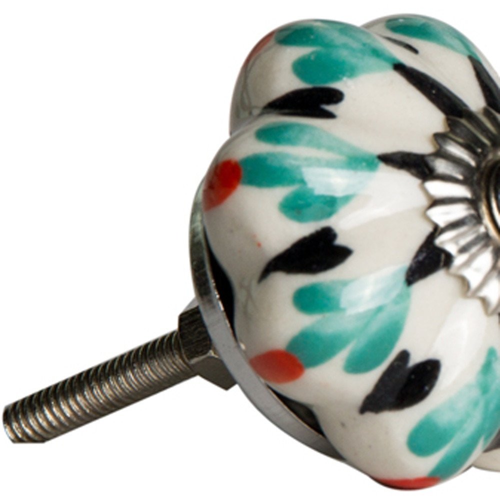 Set of Eight Red Pink And Green Floral Ceramic Drawer Pull Knobs