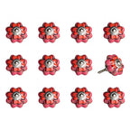 Set of Twelve Red Pink And Green Floral Ceramic Drawer Pull Knobs