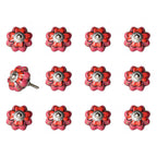 Set of Twelve Red Pink And Green Floral Ceramic Drawer Pull Knobs