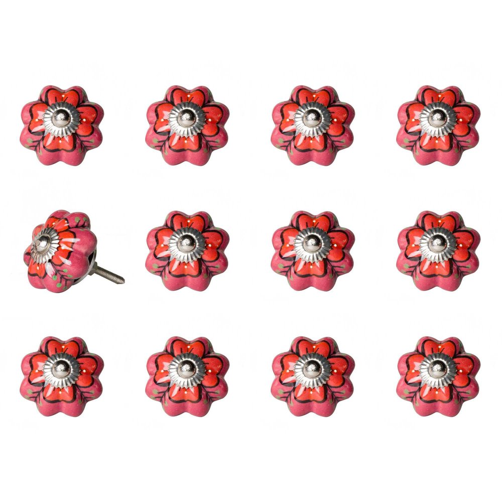 Set of Twelve Red Pink And Green Floral Ceramic Drawer Pull Knobs