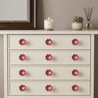 Set of Twelve Red Pink And Green Floral Ceramic Drawer Pull Knobs