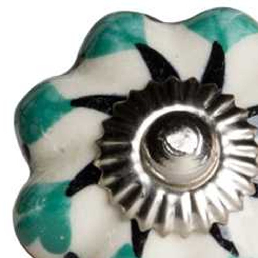 Set of Twelve Green Silver And White Geometric Ceramic Drawer Pull Knobs
