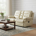 75" Beige Faux Leather Manual Reclining Love Seat With Storage