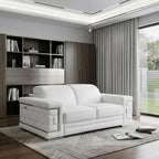 71" White Italian Leather Sofa With Silver Legs