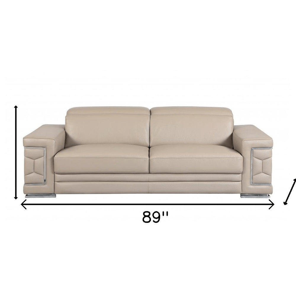 89" Camel Italian Leather Sofa With Silver Legs