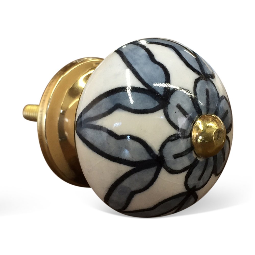 Set of Eight White And Navy Blue Geo Lines Ceramic Drawer Pull Knobs