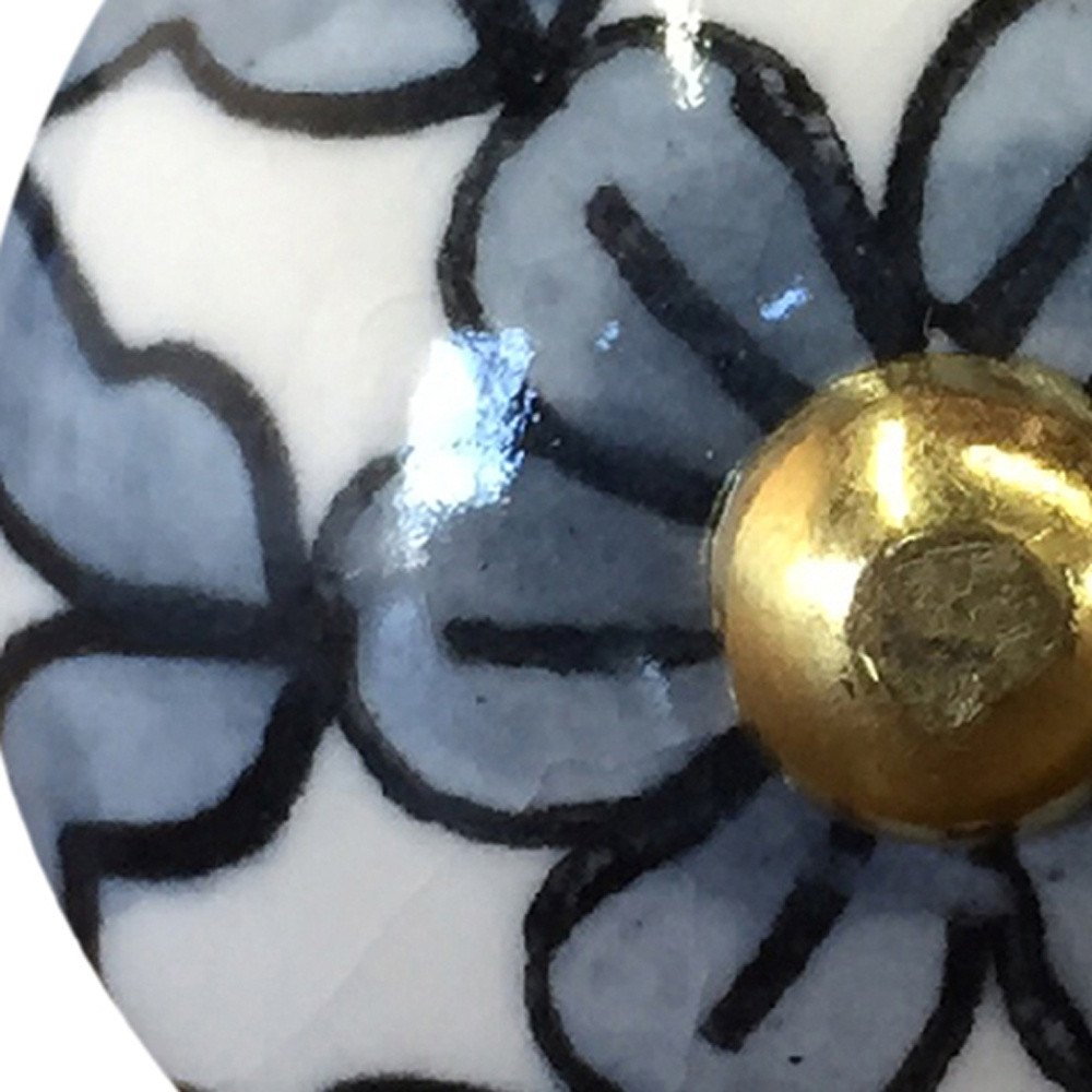 Set of Eight White And Navy Blue Geo Lines Ceramic Drawer Pull Knobs