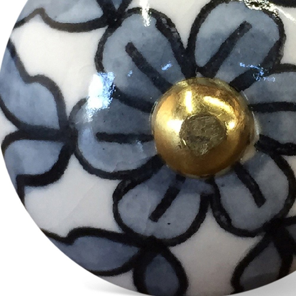 Set of Eight White And Navy Blue Geo Lines Ceramic Drawer Pull Knobs