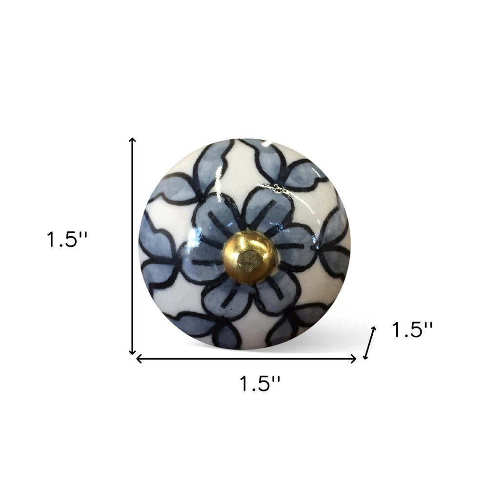 Set of Eight White And Navy Blue Geo Lines Ceramic Drawer Pull Knobs