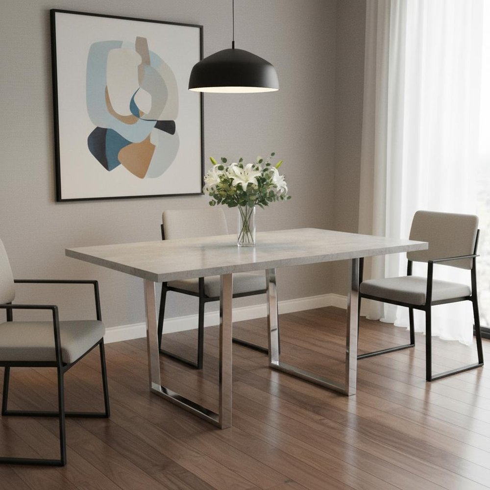 59" Gray And Silver Metal Sled Base Dining Table
