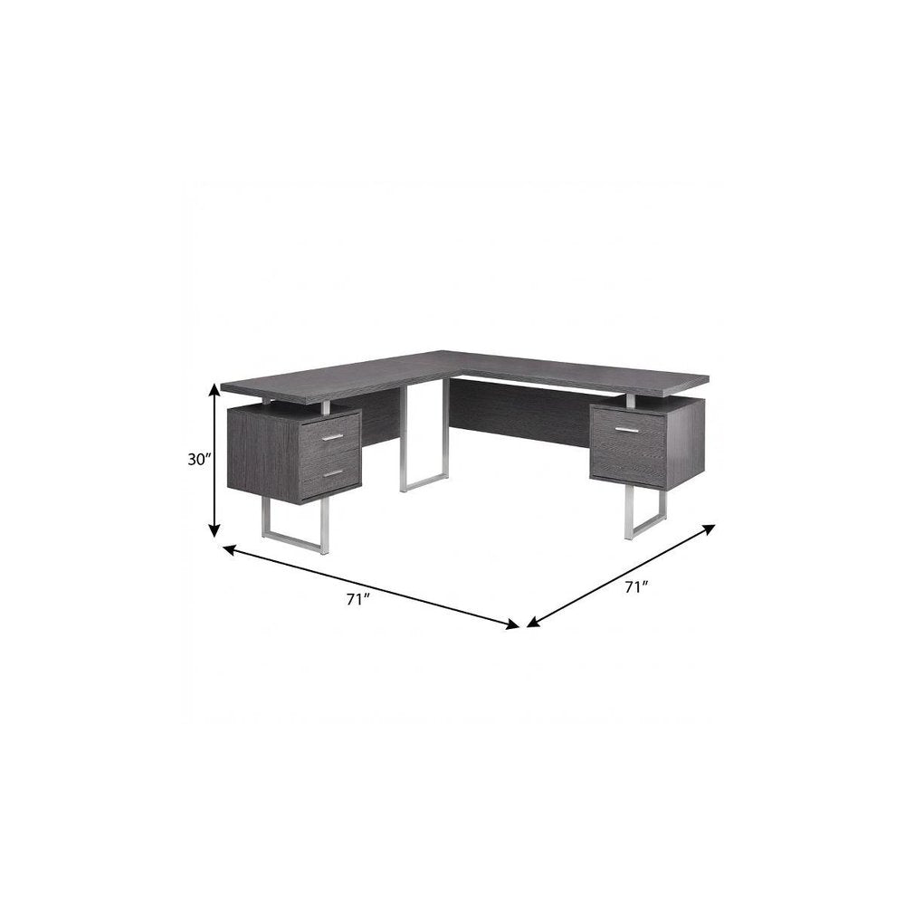 71" Taupe and Silver L Shape Computer Desk With Three Drawers
