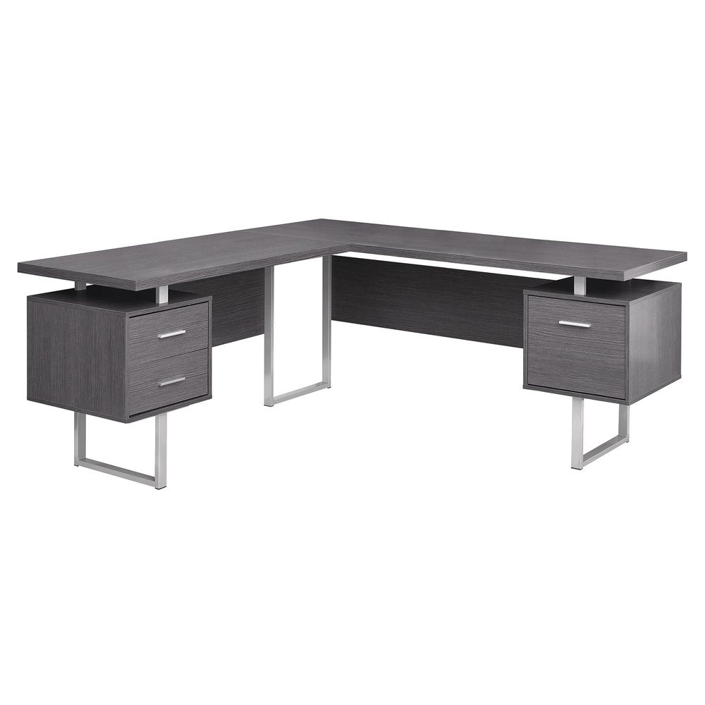 71" Taupe and Silver L Shape Computer Desk With Three Drawers