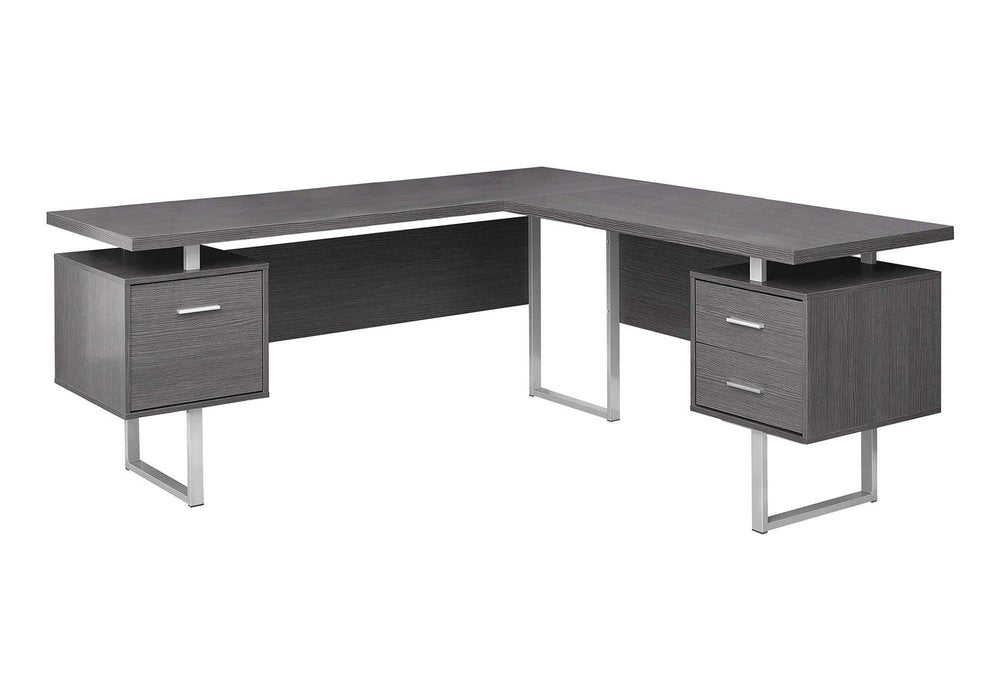 71" Taupe and Silver L Shape Computer Desk With Three Drawers