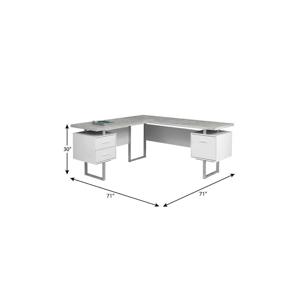 71" Taupe and Silver L Shape Computer Desk With Three Drawers