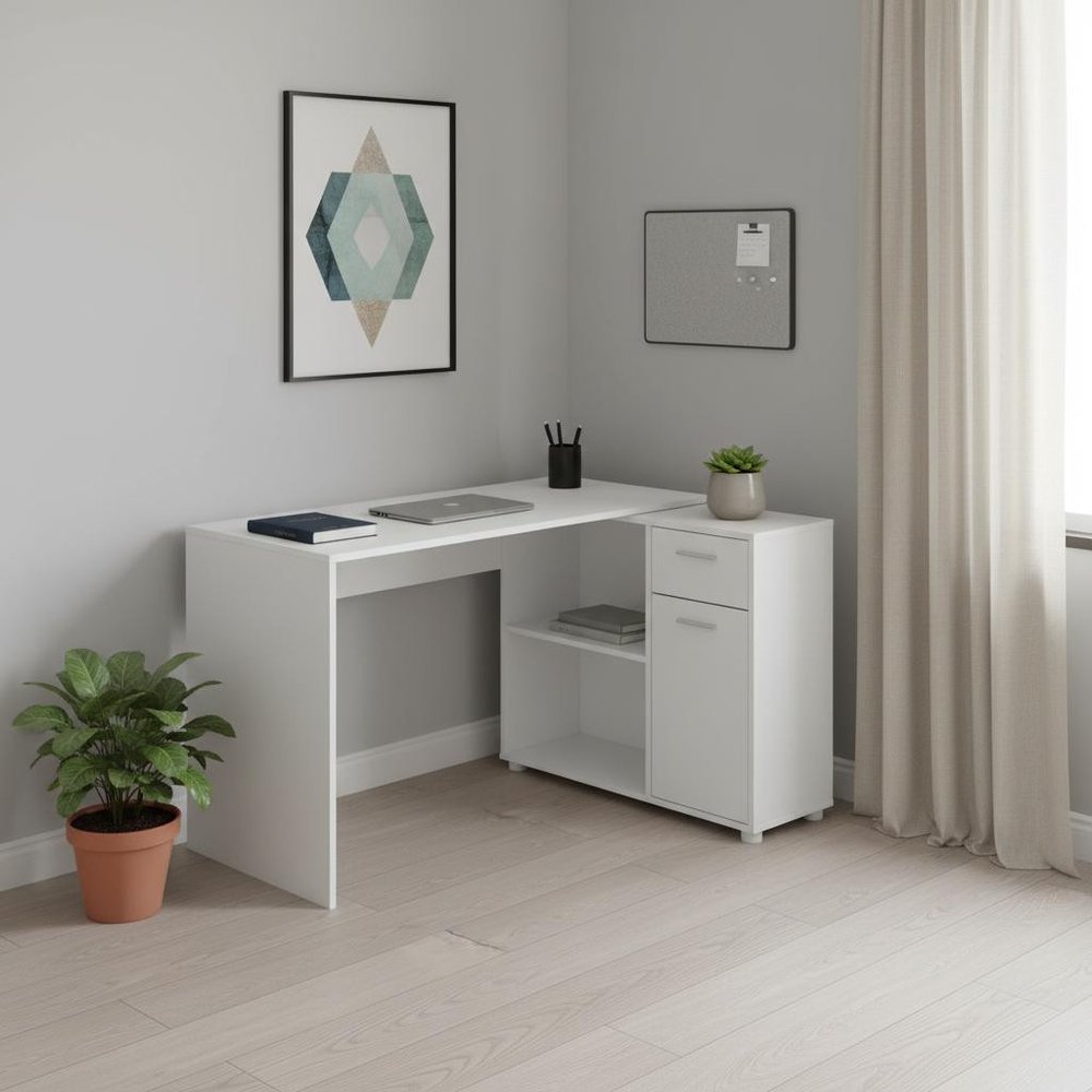 46" White L Shape Computer Desk With Two Drawers