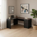 60" Gray and Black L Shape Computer Desk With Three Drawers