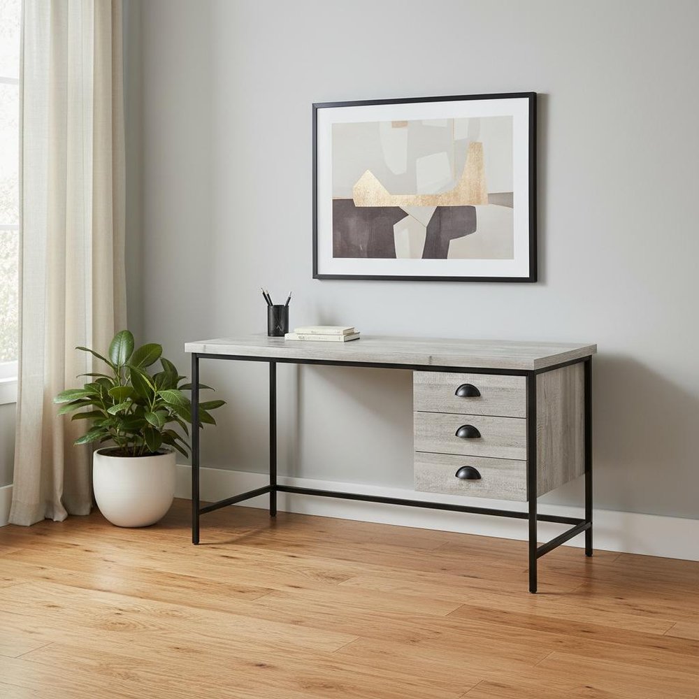 55" Gray and Black Computer Desk With Three Drawers