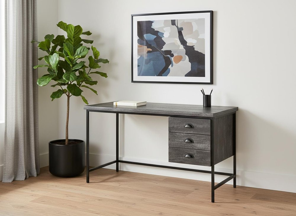 55" Gray and Black Computer Desk With Three Drawers