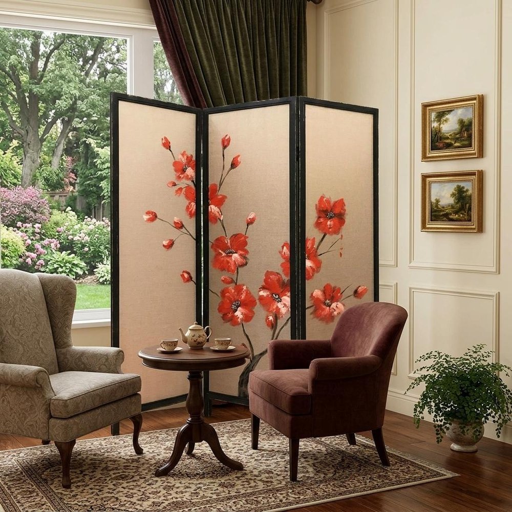 63" Brown Fabric Folding Three Panel Screen Room Divider