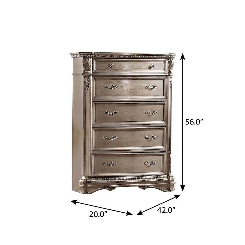 20" Champagne Carved Scrollwork Solid Wood Five Drawer Gentlemens Chest