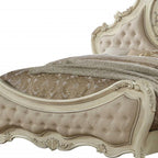 Beige Wood And Tufted Linen Queen Bed Frame With Nailhead Trim
