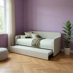 White and Light Gray Wood And Linen Twin Bed Frame