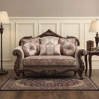 69" Beige and Gold And Brown Velvet Paisley Loveseat and Toss Pillows