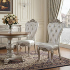 Set of Two Cream and Antiqued White Upholstered Fabric Queen Anne Back Dining Side Chairs